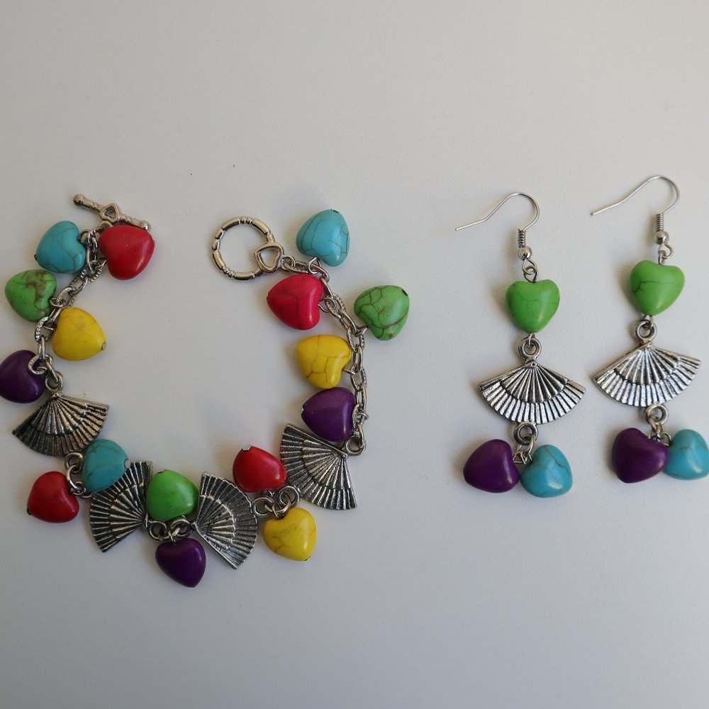 Colorful Hearts Bracelet and Earrings Set with Fan Charms, Handmade Jewelry Set
